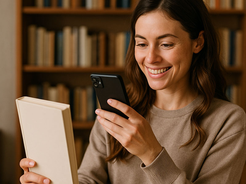 women taking a picture of a book with her phone